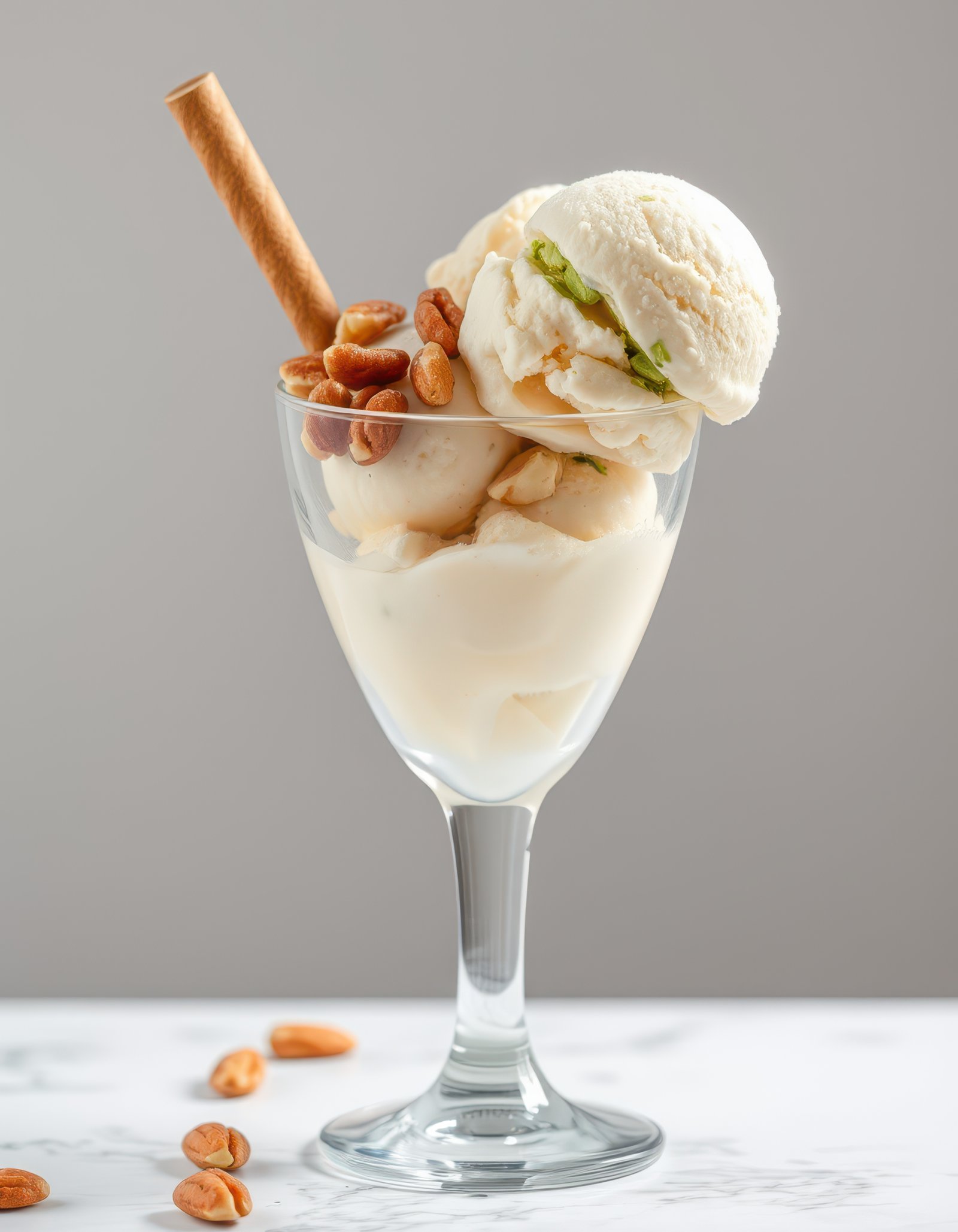Creamy ice cream served in a stylish glass with nuts and a wafer stick on a light background
